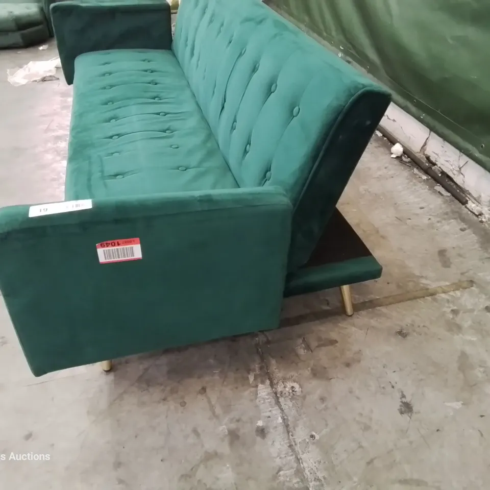 DESIGNER CLEMENTINE THREE SEATER CLIC CLAC SOFA BED BUTTONED GREEN PLUSH FABRIC 