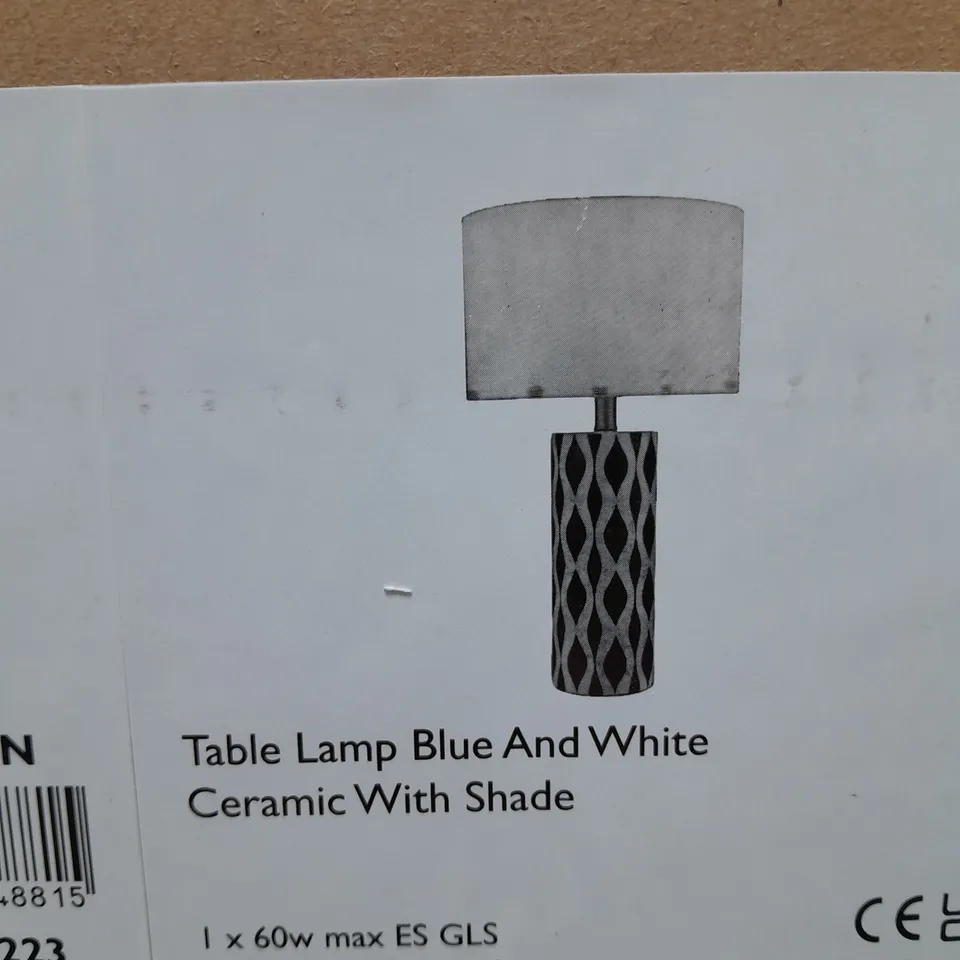 BOXED WEYLIN TABLE LAMP BLUE AND WHITE CERAMIC WITH SHADE