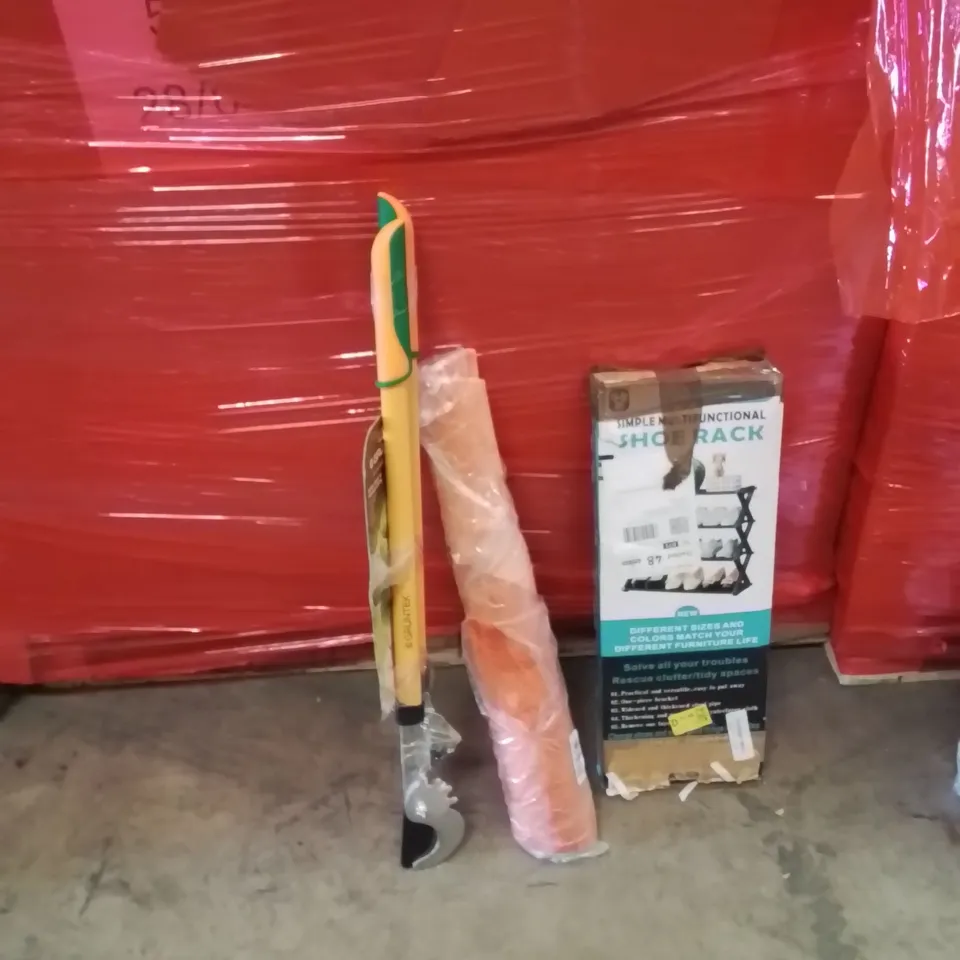 PALLET OF ASSORTED HOUSEHOLD GOODS AND PRODUCTS TO INCLUDE;AREA RUG,SHEARS,SHOERACK