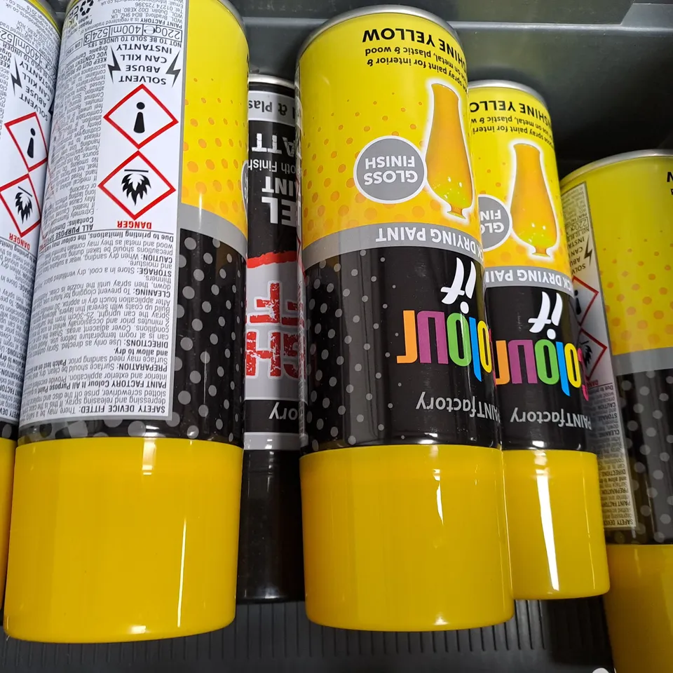 APPROXIMATELY 10 ASSORTED AEROSOL ITEMS IN INCLUDE FRESHMATIC REFILL, NOURISHING SHEEN SPRAY, YELLOW SPRAY PAINT, ETC - COLLECTION ONLY