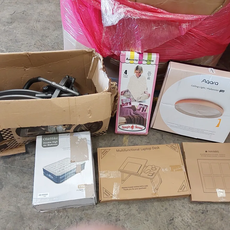 PALLET OF ASSORTED ITEMS INCLUDING: EXERCISE BIKE, CEILING LIGHT, AIR MATTRESS, MULTIFUNCTIONAL LAPTOP DESK, KNITTING LOOM, PICTURE FRAME