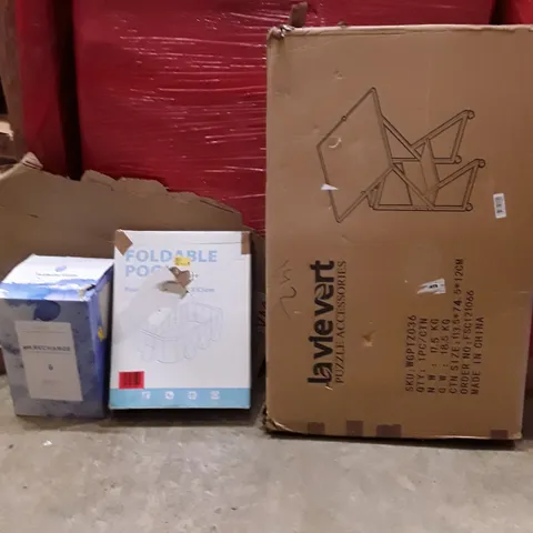 PALLET OF ASSORTED HOUSEHOLD GOODS AND PRODUCTS TO INCLUDE; FOLDABLE POOL, PUZZLE ACCESSORIES, COFFEE MACHINE, BOXED FURNITURE ECT
