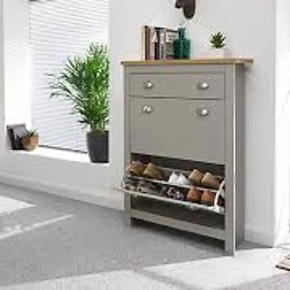 BOXED LANCASTER 2 DOOR 1 DRAWER SHOE CABINET - GREY (1 BOX)
