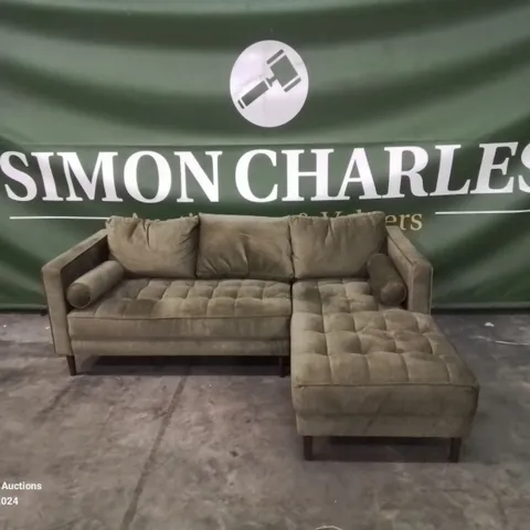 DESIGNER GREEN FABRIC CHAISE SOFA WITH SIDE CUSHIONS
