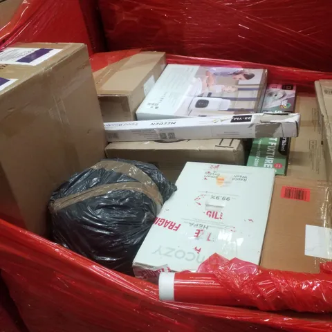 PALLET CONTAINING ASSORTED PRODUCTS INCLUDING TRIPOD WOODEN DISPLAY EASEL, STRIP LIGHT FIXTURE, NON-STICK BAKING SHEET SET &, CEILING FAN WITH LIGHT