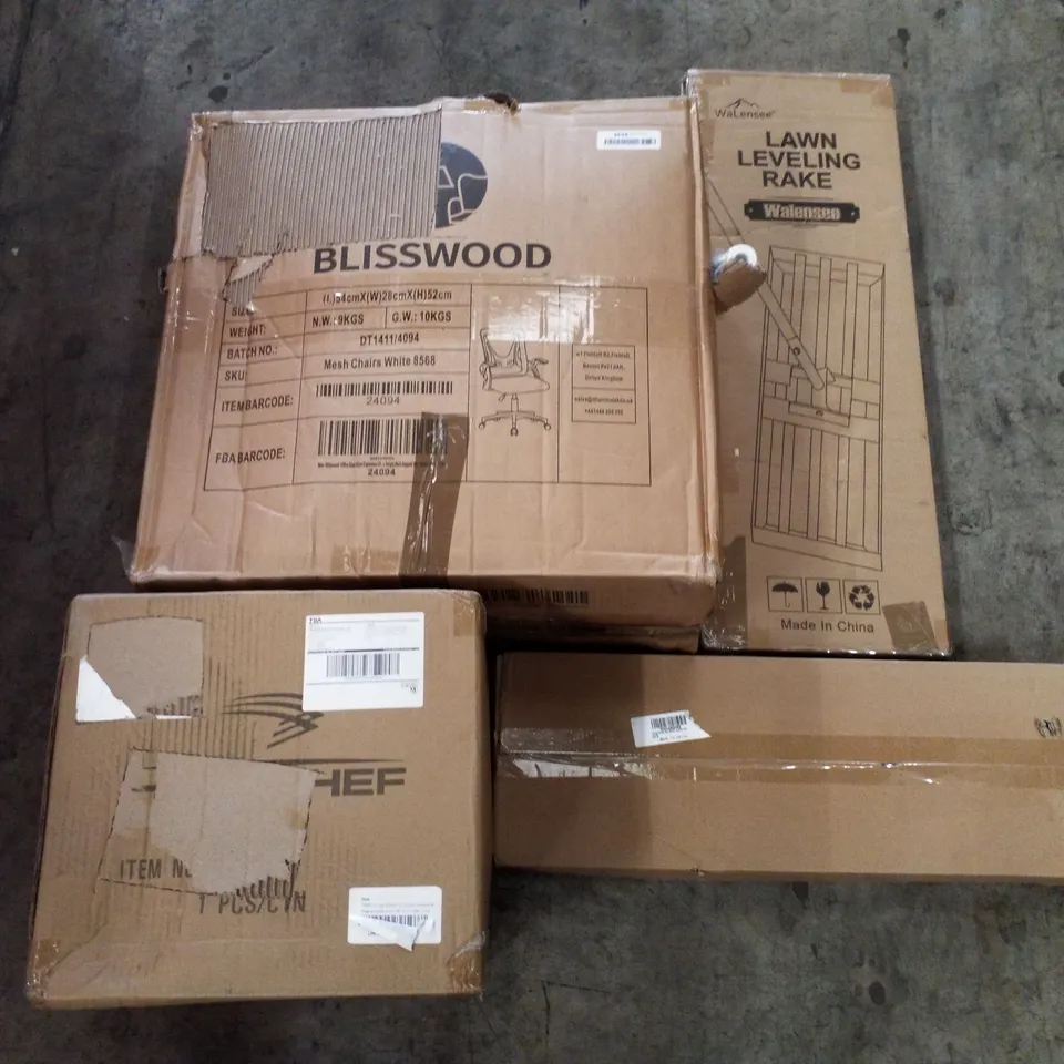 PALLET OF ASSORTED PRODUCTS INCLUDING LAWN LEVELLING RAKE, OFFICE CHAIR, COOKWARE INDUCTION POT, TOILET GRAB BAR BATH