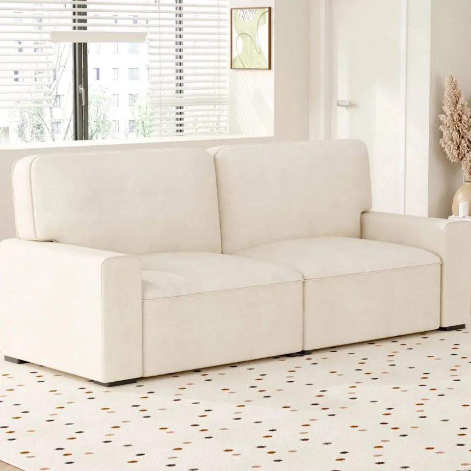 BOXED 221CM CHENILLE SQUARE ARMS SOFA - BEIGE