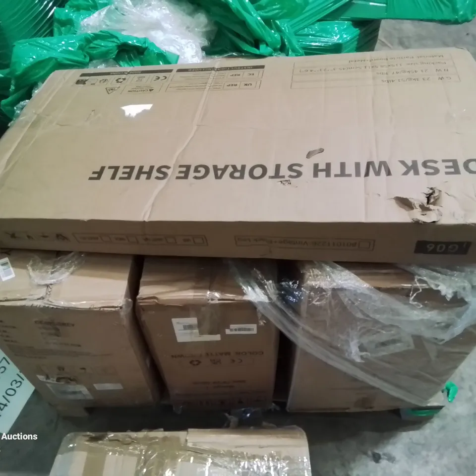 PALLET CONTAINING VARIOUS BOXED HOUSEHOLD ITEMS TO INCLUDE: OFFICE CHAIRS, DESK WITH STORAGE SHELF UNIT ETC.