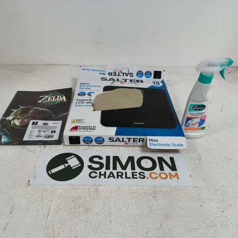 BOX OF APPROXIMATELY 20 HOUSEHOLD ITEMS TO INCLUDE DR BECKMANN DEO & SWEAT STAIN REMOVER, SALTER ELECTRONIC SCALE AND THE LEGEND OF ZELDA POSTERS