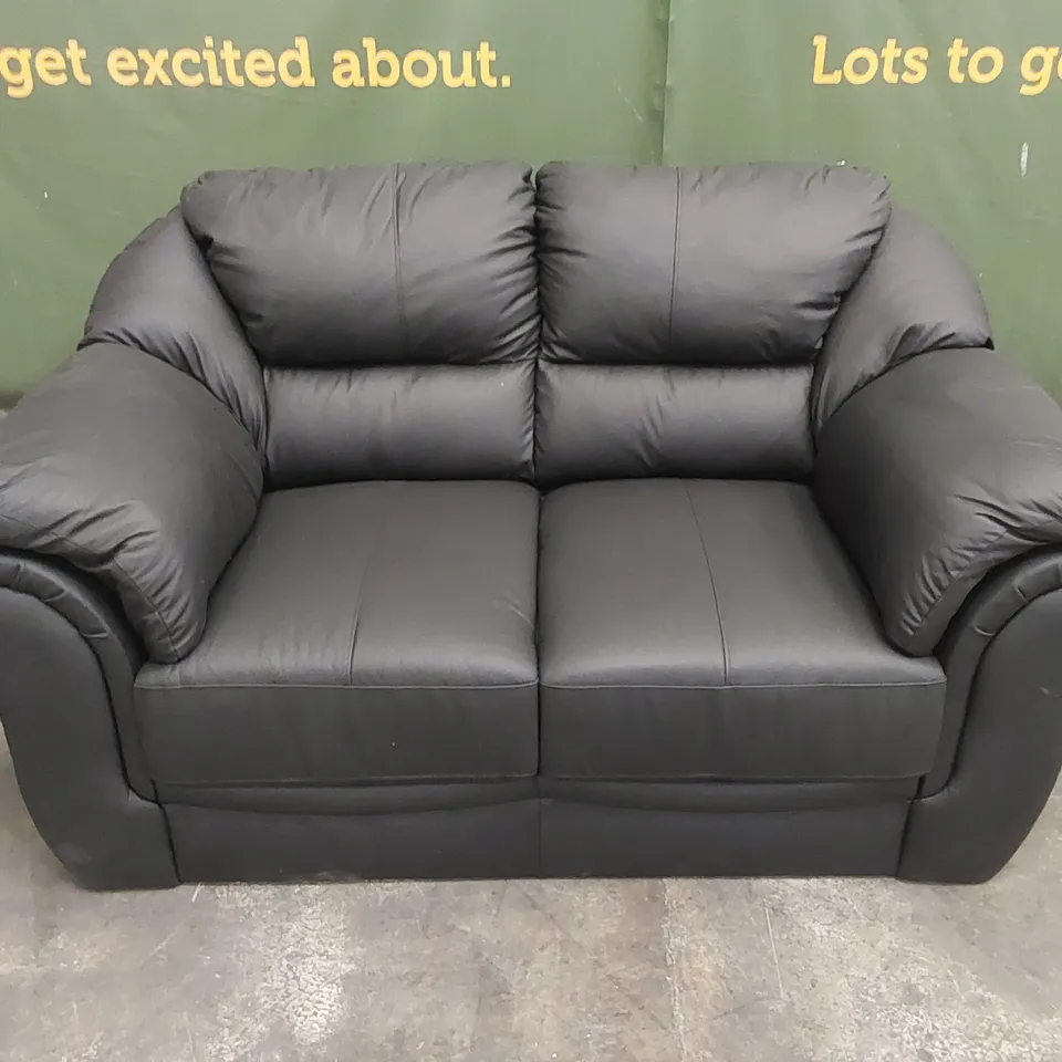 DESIGNER 2 SEATER BLACK LEATHER UPHOLSTERED SOFA