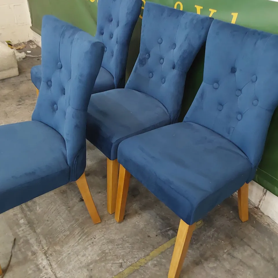 SET OF FOUR UPHOLSTERED BUTTONED BACK DINING CHAIRS BLUE PLUSH ON NATURAL WOOD LEGS