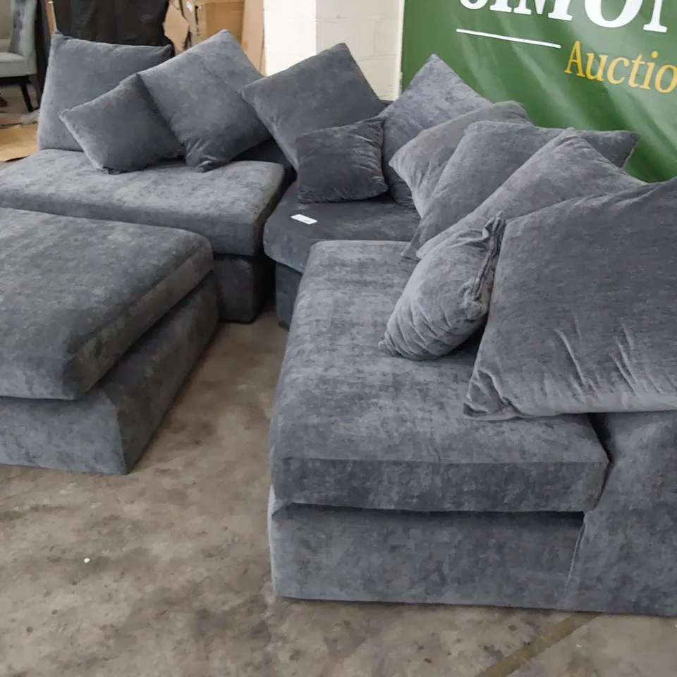 DESIGNER ARMLESS CORNER UNIT WITH SCATTERCUSHIONS & LARGE FOOTSTOOL GREY FABRIC 