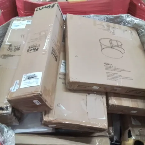 PALLET CONTAINING VARIOUS ASSORTED BOXED HOUSEHOLD ITEMS TO INCLUDE: KITCHEN ORGANISATION SHELF, TIMBER RIDGE CAMPING CHAIRS, NEST OF COFFEE TABLES AND LOTS MORE UNMARKED BOXED ITEMS