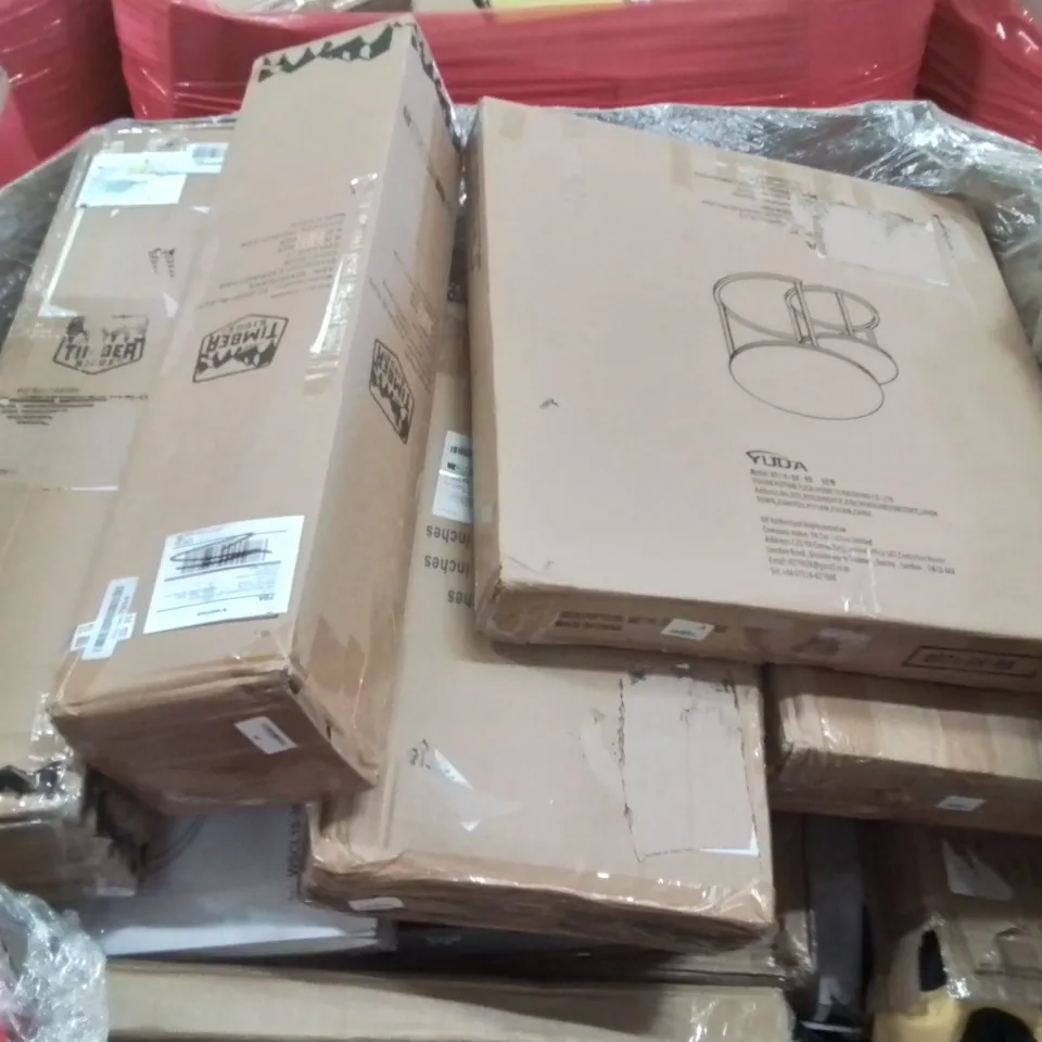 PALLET CONTAINING VARIOUS ASSORTED BOXED HOUSEHOLD ITEMS TO INCLUDE: KITCHEN ORGANISATION SHELF, TIMBER RIDGE CAMPING CHAIRS, NEST OF COFFEE TABLES AND LOTS MORE UNMARKED BOXED ITEMS 