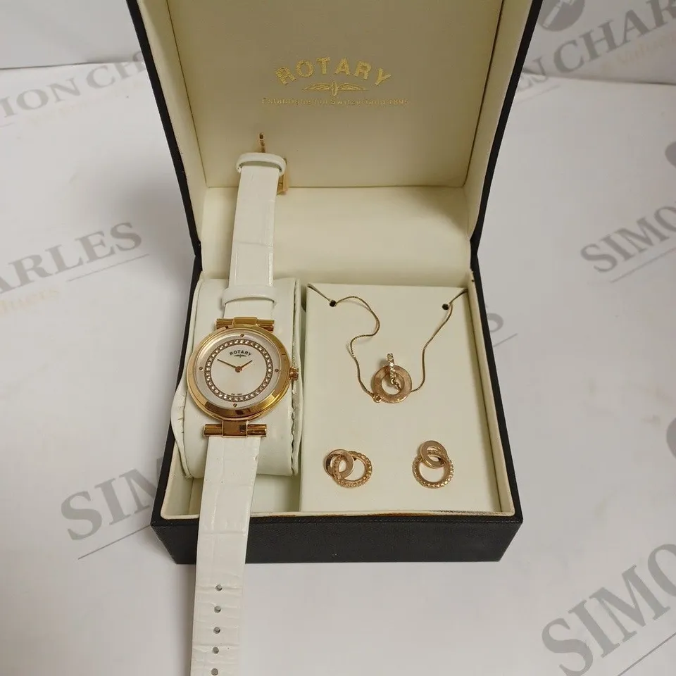 BOXED ROTARY LADIES WHITE & ROSE GOLD DIAL WATCH WITH NECKLACE AND EARRINGS - ROSE GOLD