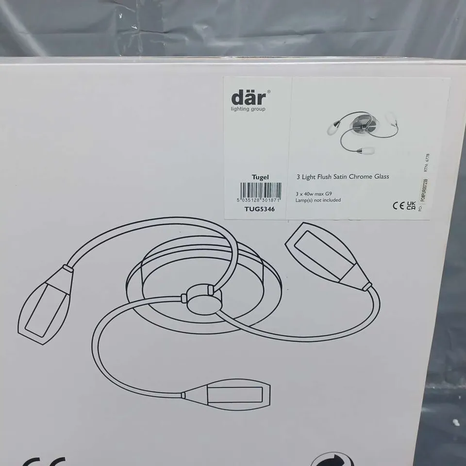 BOXED DAR TUGEL 3 LIGHT FLUSH SATIN CHROME GLASS CEILING LIGHT TUG5346