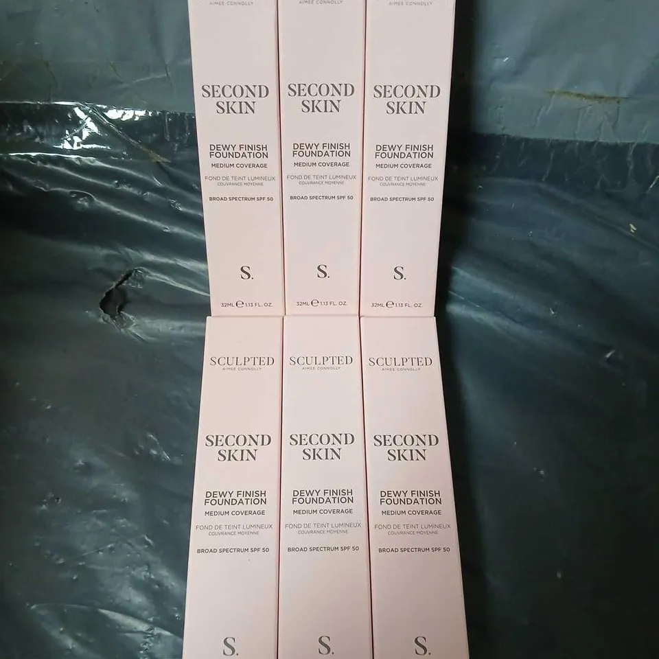 6 BOXED SCULPTED AIMEE CONNOLLY SECOND SKIN DEW FINISH FOUNDATIONS IN FAIR GOLDEN 2.75 (6X32ML)