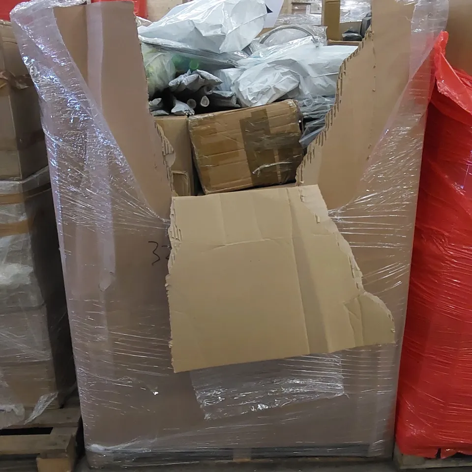 PALLET CONTAINING HOUSEHOLD AND CONSUMER PRODUCTS. INCLUDES MOON LIGHT, GARDEN TOOL, HANGERS, ADULT DIAPERS - LARGE, BOXED FURNITURE ETC 