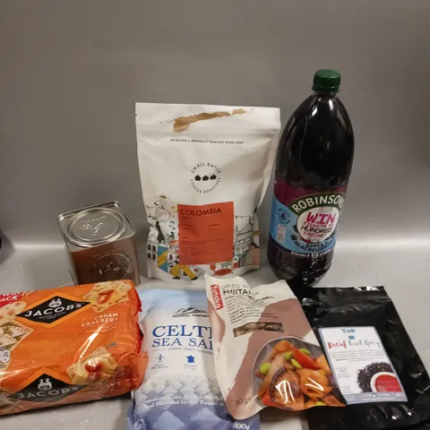 APPROXIMATELY 10 ASSORTED FOOD/DRINK PRODUCTS TO INCLUDE CELTIC SEA SALT, COLOMBIA COFFEE, DRIED SHITAKE MUSHROOMS ETC