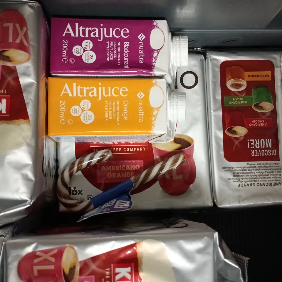 APPROXIMATELY 10 ASSORTED FOOD AND DRINK ITEMS TO INCLUDE AIR UP AROMA PODS, TASSIMO, ETC