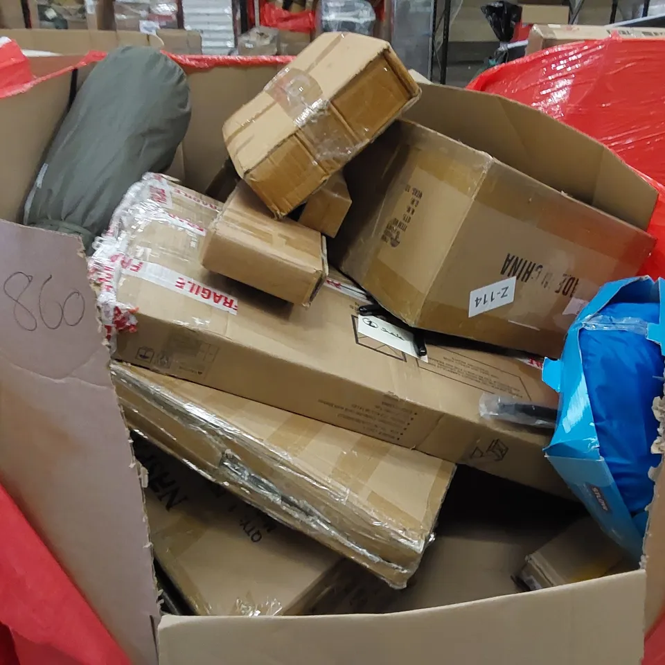 PALLET TO CONTAIN ASSORTED HOUSEHOLD ITEMS AND CONSUMER PRODUCTS. INCLUDING DESK, TOY ASSAULT RIFLES,  DECORATIVE HALLOWEEN ITEMS, BOXED FURNITURE ETC