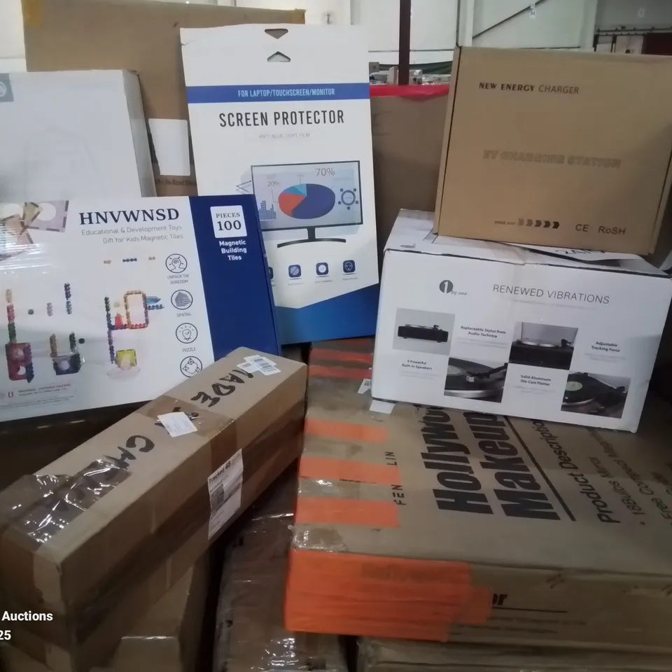 PALLET CONTAINING VARIOUS ASSORTED ITEMS TO INCLUDE: HOLLYWOOD MAKE-UP MIRROR, VINYL TURNTABLE SYSTEM, EV CHARGING STATION, 100PC MAGNECTIC TOY, SCREEN PROTECTION AND LOTS MORE UNMARKED BOXED ITEMS 