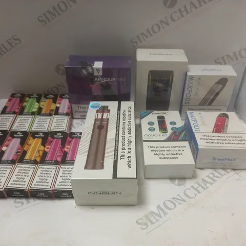 BOX OF APPROXIMATELY 30 ASSORTED VAPING PRODUCTS AND ACCESSORIES TO INCLUDE DISPOSABLES, KITS ETC