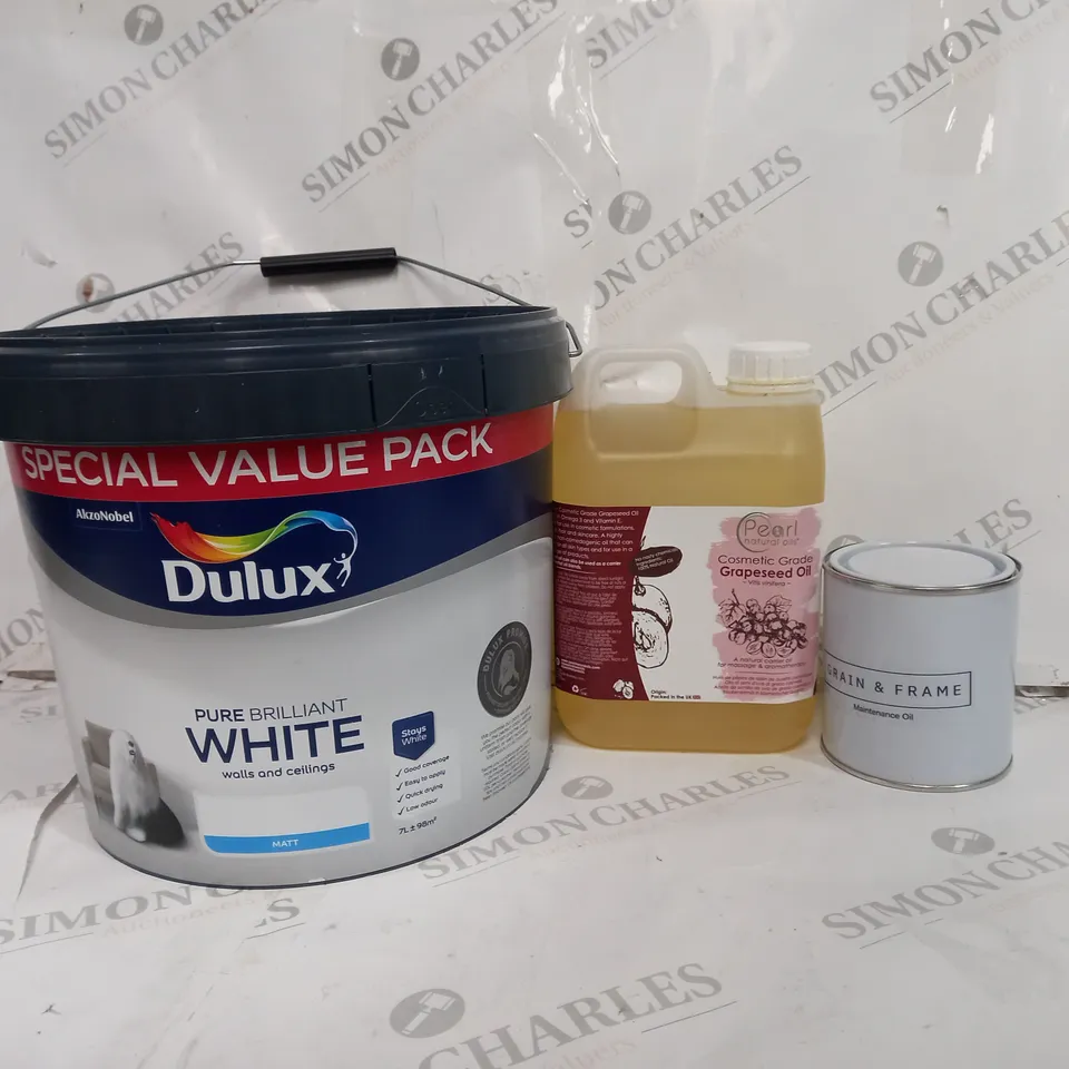 BOX OF APPROX 3 ASSORTED LIQUIDS TO INCLUDE - GRAIN & FRAME MAINTENANCE OIL- GRAPESEED OIL - DULUX PURE WHITE MATT