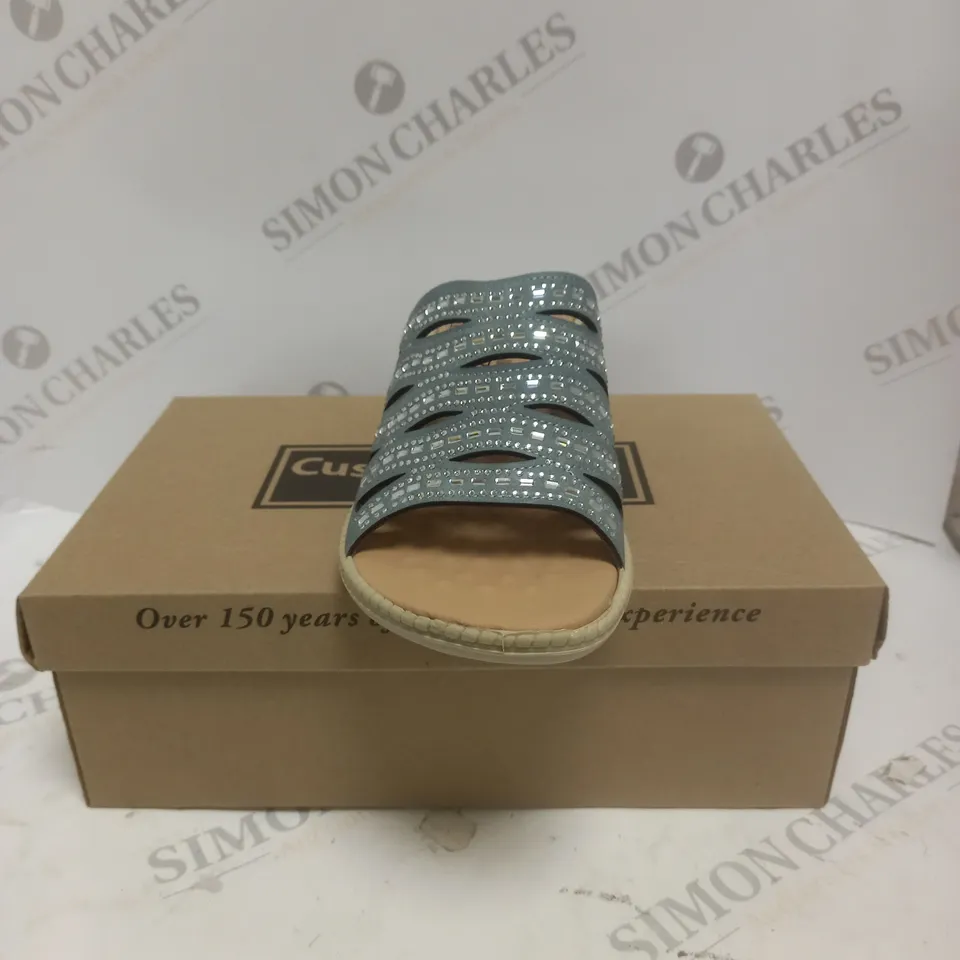 BOXED PAIR OF CUSHION WALK DIAMANTE MULES IN BLUE - SIZE 6