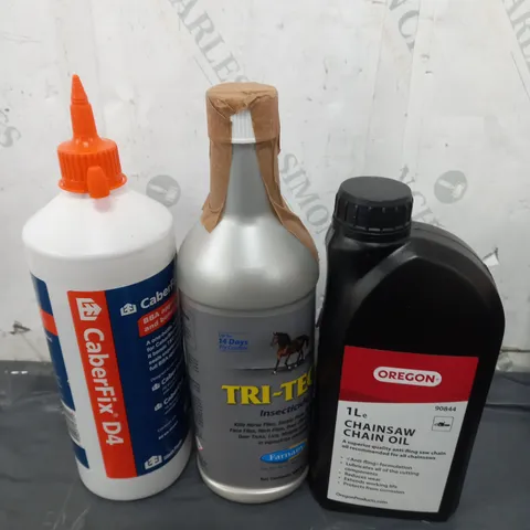 TOTE OF APPROX 10 CLEANING PRODUCTS TO INCLUDE CHAIN OIL , ADHESIVE, INSECTICIDE , ETC