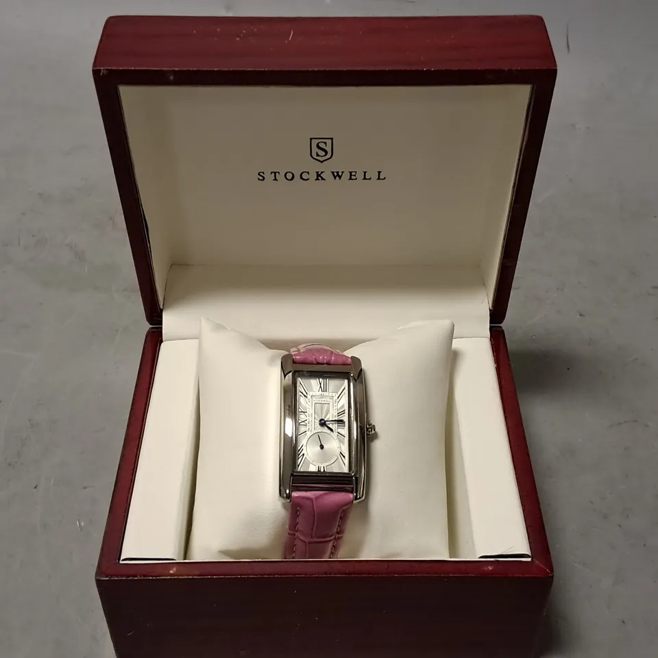 STOCK WELL RECTANGULAR STAINLESS STEEL LADIES WATCH WITH PINK LEATHER STRAP IN GIFT BOX