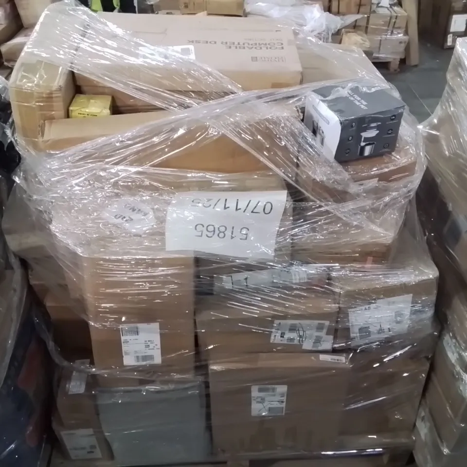 PALLET CONTAINING VARIOUS ASSORTED BOXED ITEMS TO INCLUDE: FOLDABLE COMPUTER DESK, STORAGE BOX UNITS, PET BOWL BOXED FURNITURE ETC.