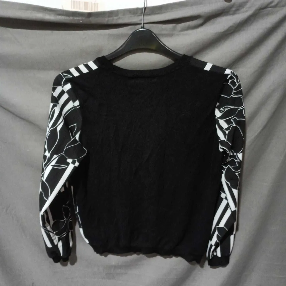 NEXT WOMEN’S KNIT TOP – BLACK WITH WHITE FLORAL & STRIPE PRINT, UK 12