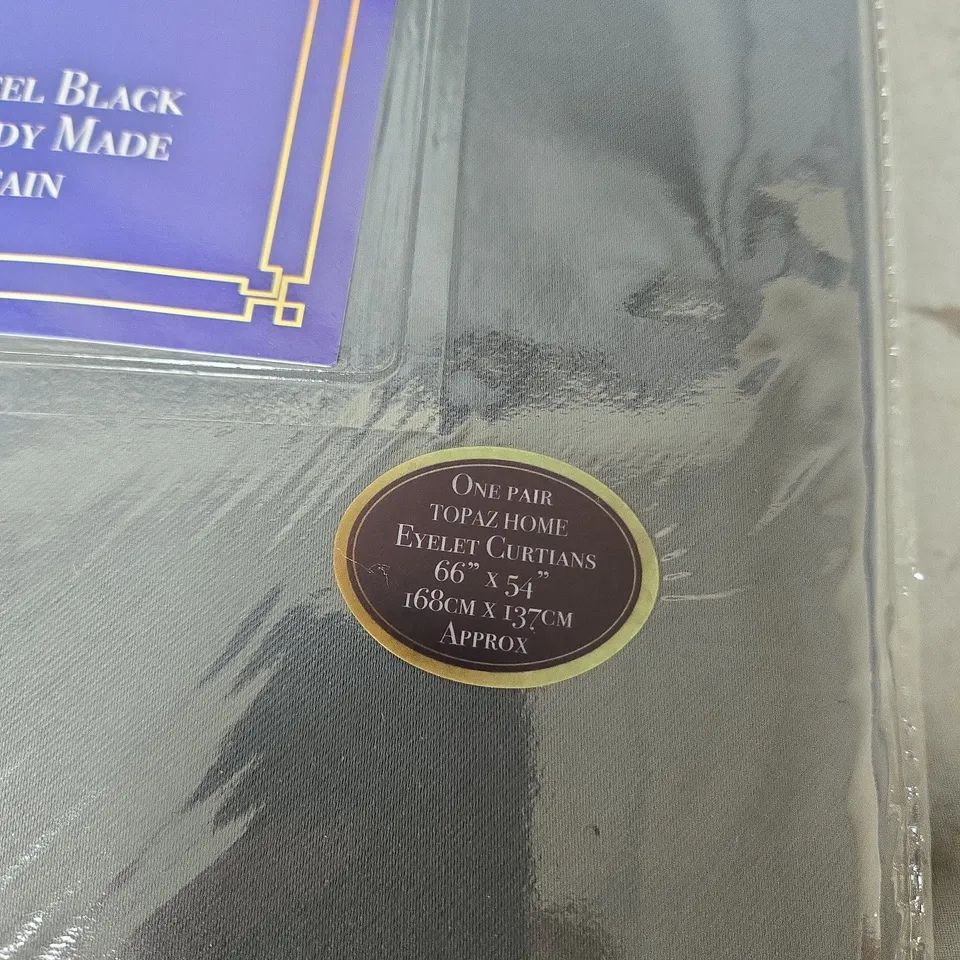 TOPAZ BOX OF 4 HOME EYELET CURTAINS IN DARK GREY - SILKY FEEL BLACK OUT READY MADE, 66" X 54" (168 X 137 CM)