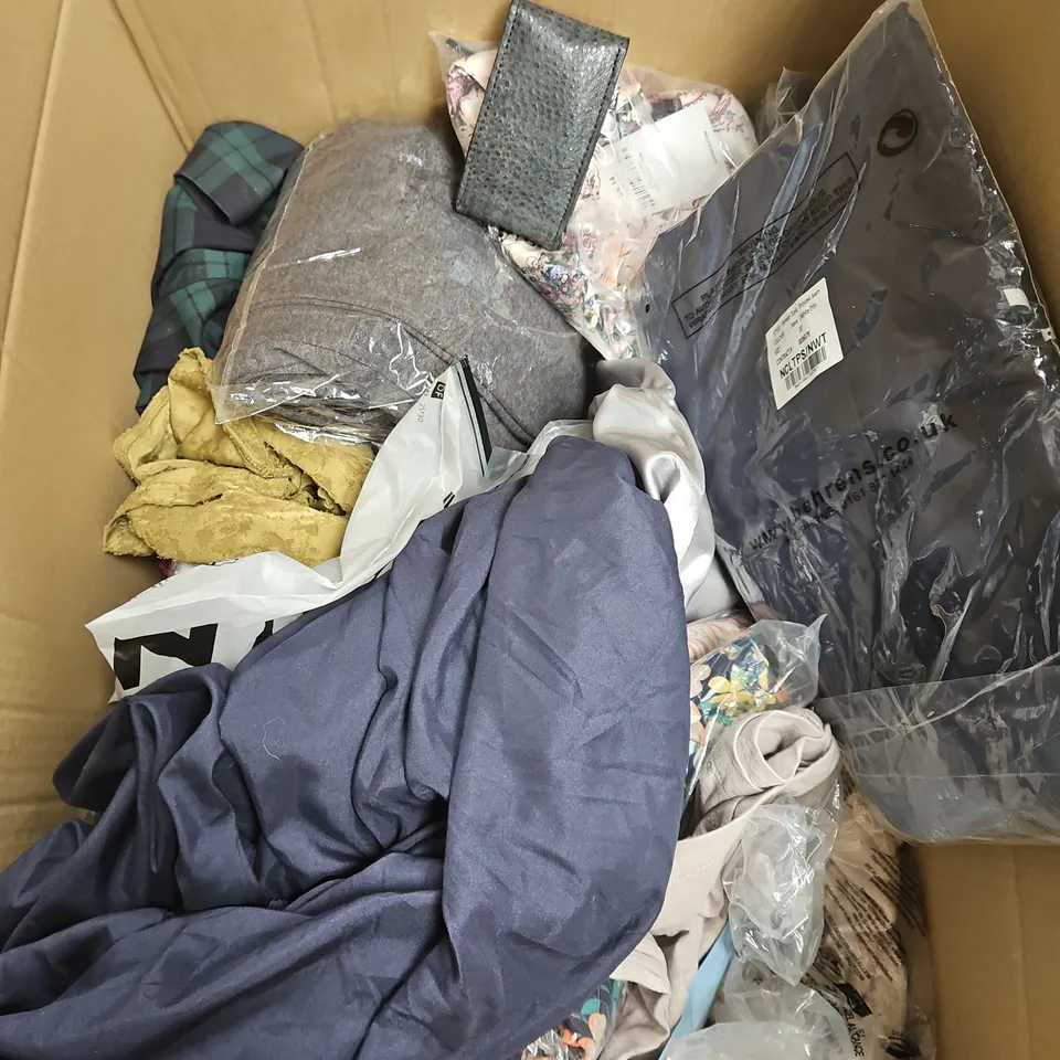 BOX OF APPROXIMATELY 20 ASSORTED CLOTHING ITEMS TO INCLUDE UNDERWEAR, DRESS, SOCKS, ETC