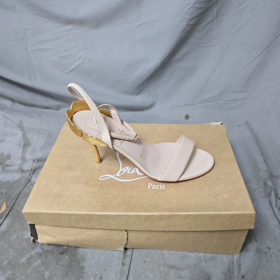 CHRISTIAN LOUBOUTIN NUDE SANDALS WITH GOLD HEEL – OPEN TOE, ANKLE STRAP, RED SOLE SIZE 37