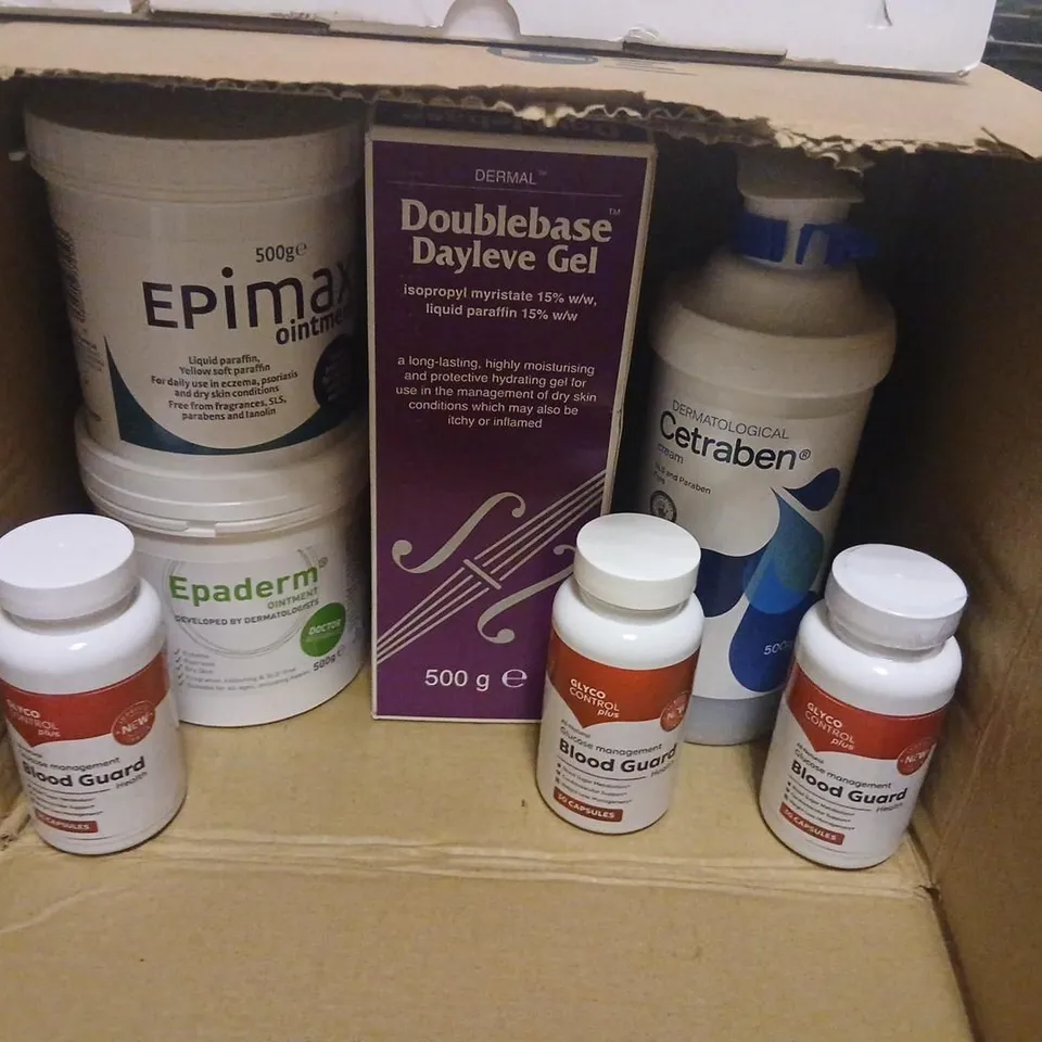 APPROXIMATELYU 10 ASSORTED PRODUCTS TO INCLUDE; DERMAL DOUBLEBASE DAYLEVE GEL, GLYCO CONTROL PLUS BLOOD GUARD, EPIMAX OINTMENT AND EPADERM OINTMENT
