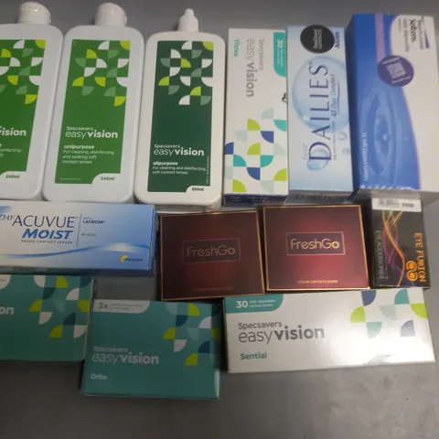 LOT OF ASSORTED EYE CARE ITEMS TO INCLUDE FRESHGO, ACUVUE AND BAUSCH & LOMB