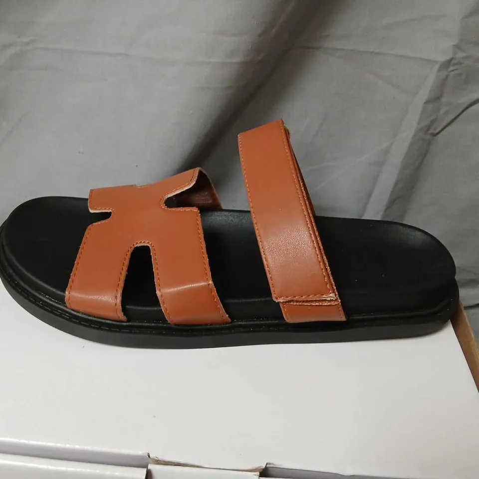 TAN PU LEATHER SANDALS – DOUBLE STRAP DESIGN, SIZE 8