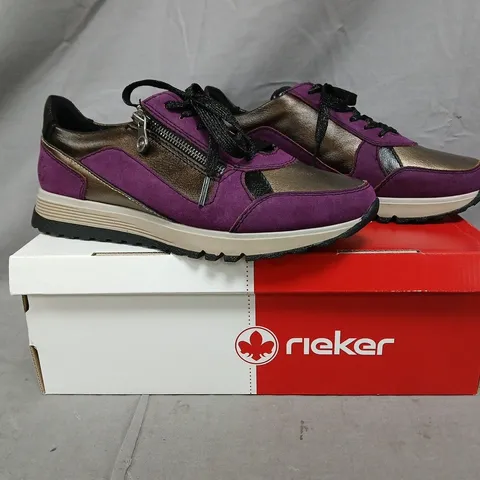 BOXED PAIR OF RIEKER SHOES IN PURPLE/BRONZE SIZE 6.5