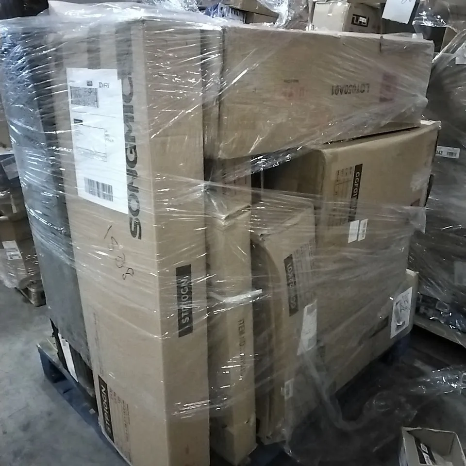 PALLET OF HOUSEHOLD ITEMS TO INCLUDE TRAMPOLINE PAD, STORAGE SHELF,  SUN LOUNGER,  TV CABINET AND OTHER ASSORTED ITEMS...