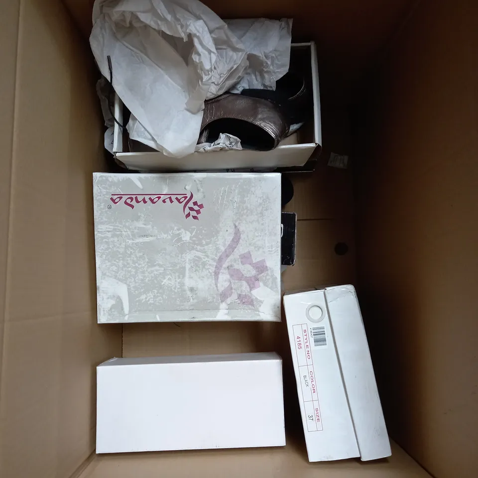 BOX OF 10 PAIRS OF ASSORTED SHOES IN VARIOUS STYLES, COLOURS AND SIZES