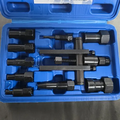 Multi-piece metal tool set in blue plastic case