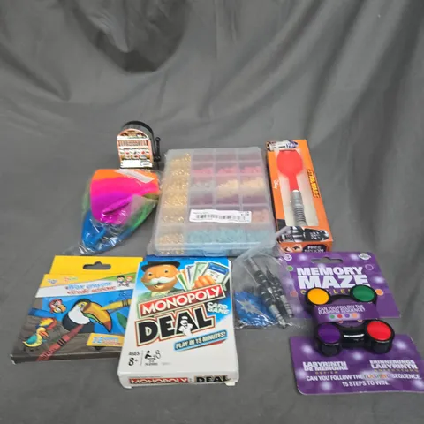 APPROXIMATELY 10 ASSORTED TOYS AND GAMES TO INCLUDE CRAFT BEADS, WAX CRAYONS AND DARTS