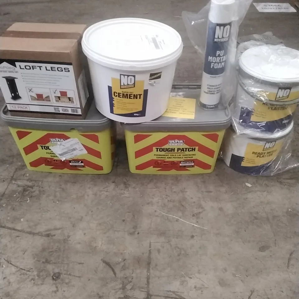 PALLET OF ASSORTED DIY, HOME IMPROVEMENT AND BUILDING PRODUCTS TO INCLUDE; ROOF WINDOW, TOUGH PATCH, PERMANENT POT HOLE REPAIR, REPAIR MORTAR, ETC