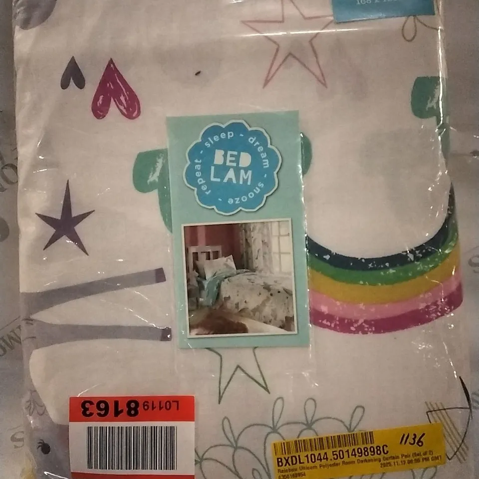 BAGGED - BEDLAM RAINBOW UNICORN POLYESTER ROOM DARKENING CURTAIN PAIR 168X183CM APPROX