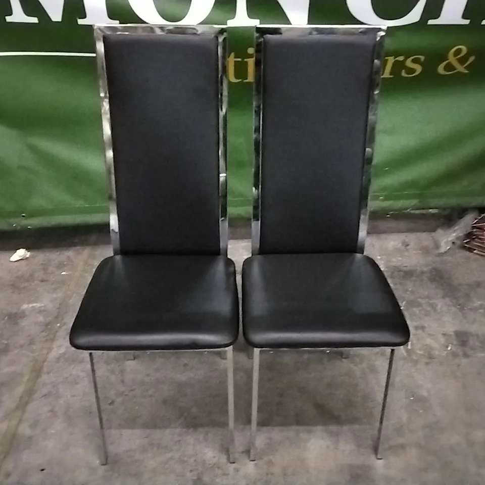 SET OF 2 BLACK LEATHER DINING CHAIRS WITH CHROME LEGS 