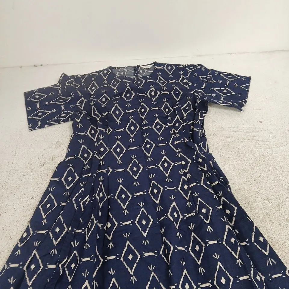 TOAST LINEN DRESS – NAVY GEOMETRIC PRINT, UK SIZE 10