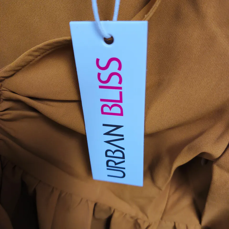 BOX OF APPROXIMATELY 48 URBAN BLISS MUSTARD WRAP BLOUSE WITH RUCHED RUFFLE HEM – WOMEN'S TOP - SIZES 8 /16