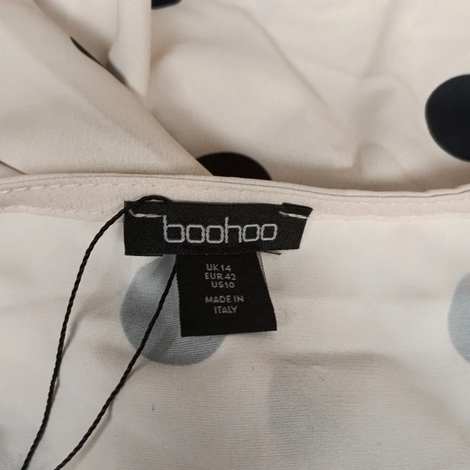 BOOHOO POLKA DOT PUFF SLEEVE MAXI DRESS – IVORY, UK 14